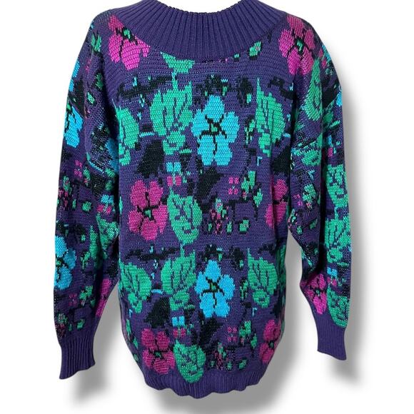 Vintage wool blend Purple and green bright retro floral Crew Neck Sweater padded - Picture 5 of 8
